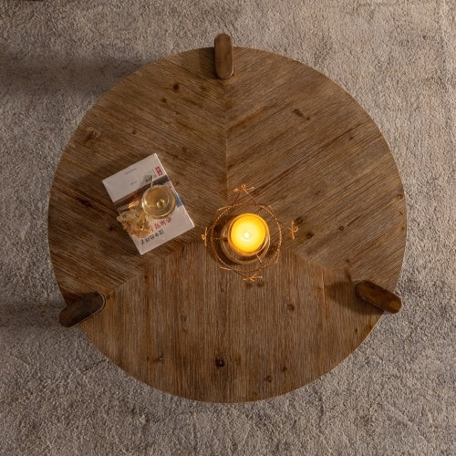 Wood Round Coffee Table For Living Room, Rustic Natural Coffee Table For Apartment, Easy Assembly