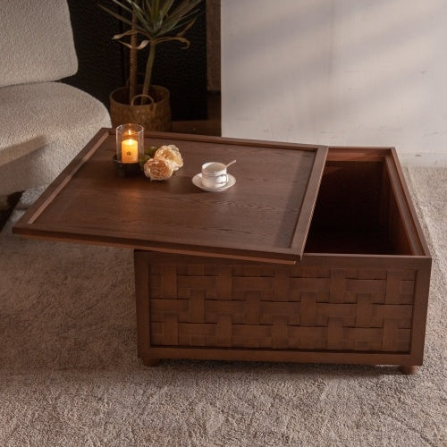 Farmhouse Coffee Table With Storage, Large Square Coffee Table For Living Room, Brown