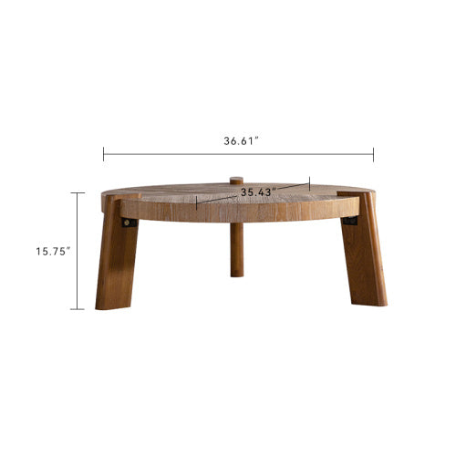 Wood Round Coffee Table For Living Room, Rustic Natural Coffee Table For Apartment, Easy Assembly