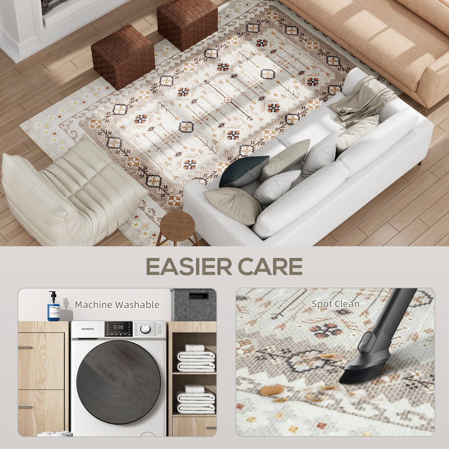 Calliope Boho Brown | Machine Washable Area Rug 8x10, Non-Slip Boho Flannel Print Floor Carpet For Living Room