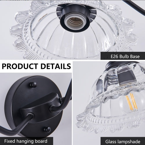 20 Inch 2-Light Vintage Bathroom Wall Sconce - Elegant Black Metal And Glass Lampshade Vanity Light Fixture For Bathroom, Hallway, Or Bedroom Bulb Not Included