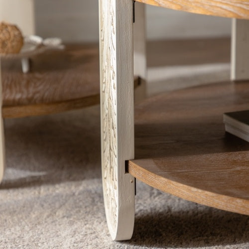 Carved Wooden Coffee Table, Retro End Table With Double-Layer Storage