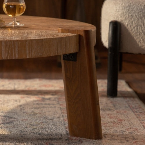 Wood Round Coffee Table For Living Room, Rustic Natural Coffee Table For Apartment, Easy Assembly