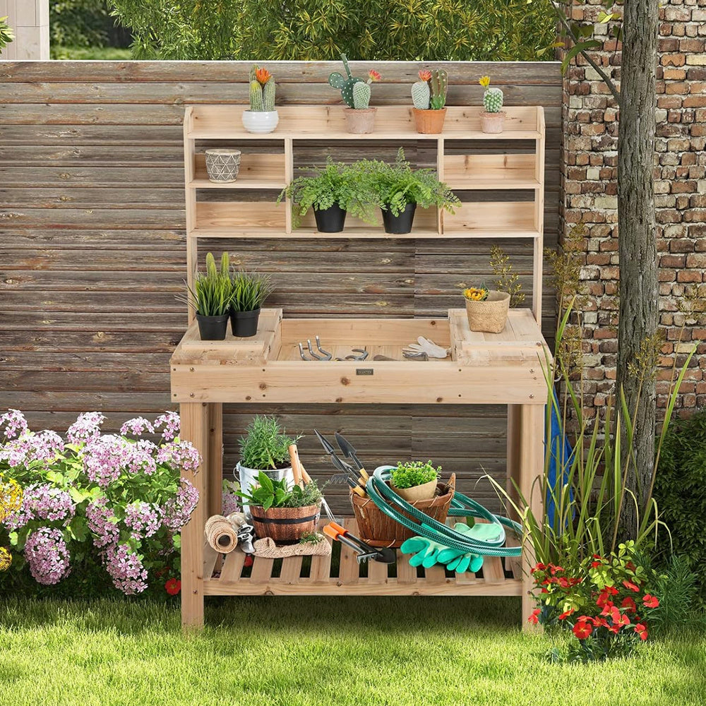 Large Garden Potting Bench Table With Display Rack And Hidden Sink