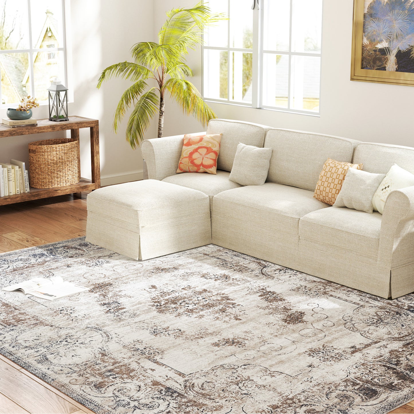 Miles 8x10 Boho Area Rug, Machine Washable Carpet For Living Room, Bedroom, Dining Room, Kitchen, Home Office, Brown