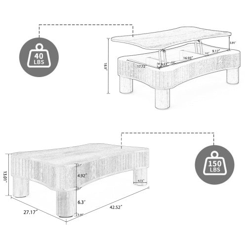 Lift Top Coffee Table For Living Room 42  Fluted Panel Hidden Storage, Silent Hydraulic Lift, Curved Safety Corners, 5 Min Assembly 27W X 13  18.9H, Black