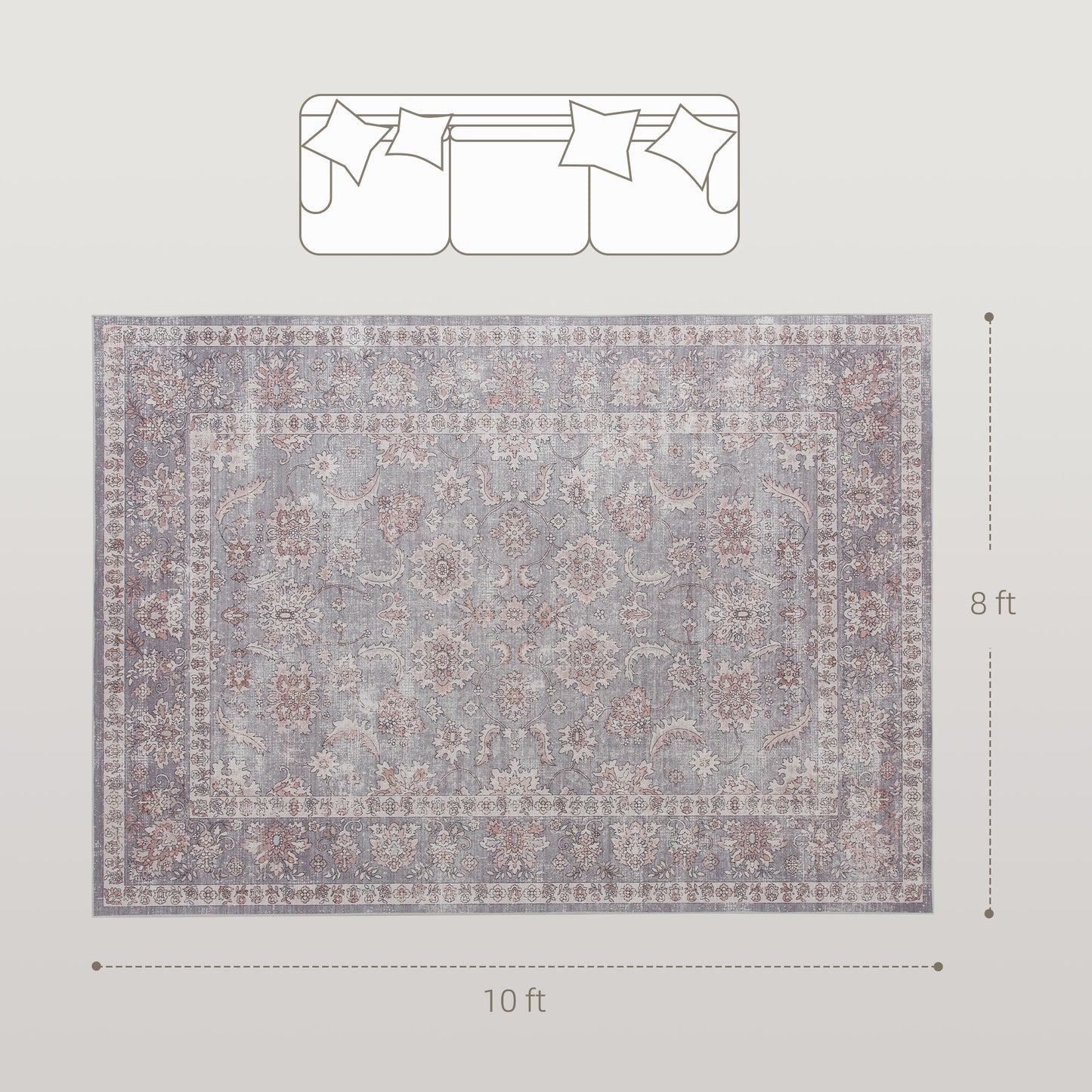 Eleanor Brown Machine Washable Area Rug 8x10, Non-Slip Traditional Flower Print Floor Carpet For Living Room, Bedroom, Grey And Brown