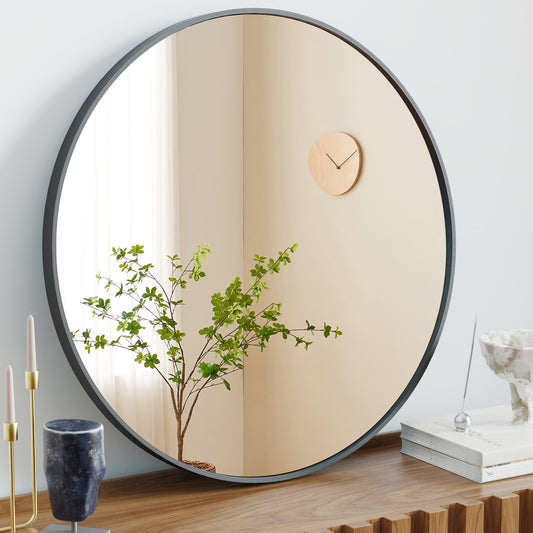 The Lexington | Black Rimmed Round Wall Mirror –30 Inch Modern Home Decor