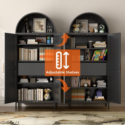 73inch Tall Metal Arched Cabinet, Modern Arch Bookshelf Display Cabinet With Doors,Shelves,Internal Drawers For Home Office Kitchen Bar Living Room,Black