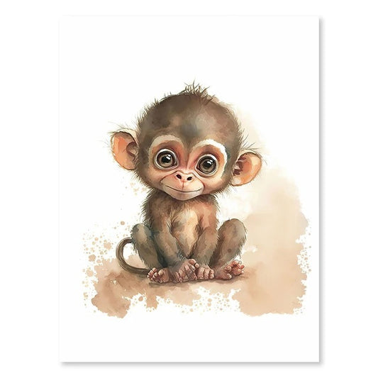 Monkey, Nursery Animal Watercolor Prints – Cute Kids Wall Art