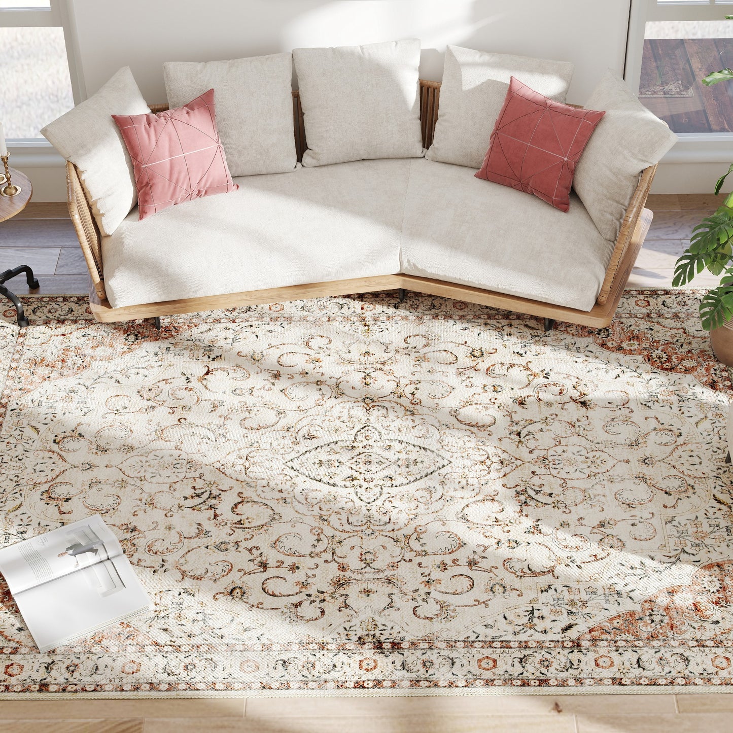 Winslow Area Rug 8x10, Machine Washable Rug, Non-Slip Classical Floral Print Floor Carpet For Living Room, Bedroom, Mixed-Brown