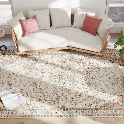 Winslow Area Rug 8x10, Machine Washable Rug, Non-Slip Classical Floral Print Floor Carpet For Living Room, Bedroom, Mixed-Brown
