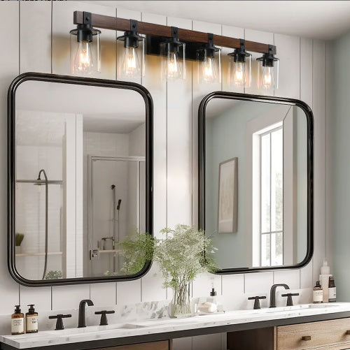 42 Rustic 6-Light Vanity Light, Industrial Bathroom Wall Sconce With Glass Shades And Wood Accent, Modern Farmhouse Lighting Fixture No Bulbs