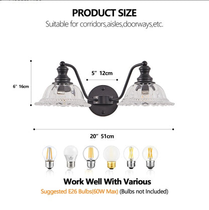 20 Inch 2-Light Vintage Bathroom Wall Sconce - Elegant Black Metal And Glass Lampshade Vanity Light Fixture For Bathroom, Hallway, Or Bedroom Bulb Not Included