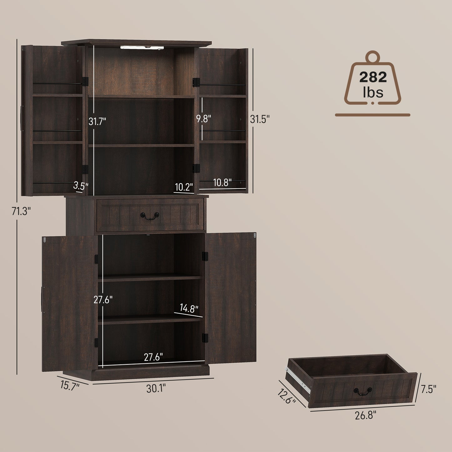 71 LED Kitchen Pantry Cabinet, Farmhouse Storage Cabinet With Door Shelves, Distressed Brown