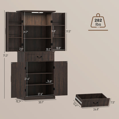 71 LED Kitchen Pantry Cabinet, Farmhouse Storage Cabinet With Door Shelves, Distressed Brown