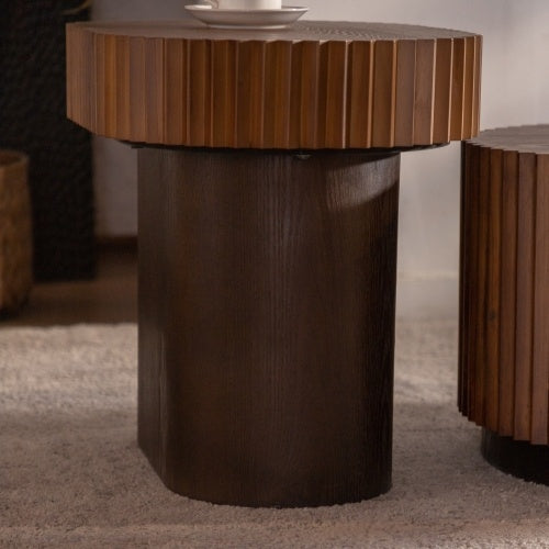 Handcraft Round Nesting Coffee Table Set Of 2, - Chic Wave Stripe Edge, Modern Stylish Wooden Circle Fluted Center Table For Living Room