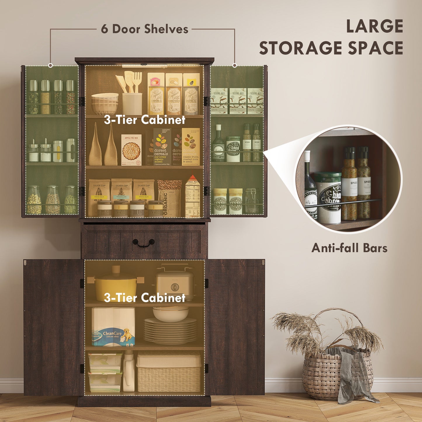 71 LED Kitchen Pantry Cabinet, Farmhouse Storage Cabinet With Door Shelves, Distressed Brown