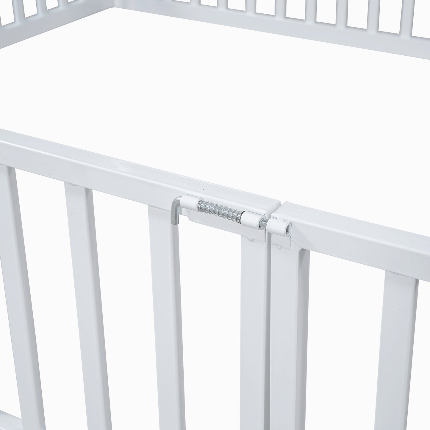 Full Size Metal House Bed With Fence And Door, White