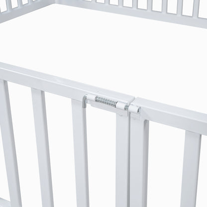Full Size Metal House Bed With Fence And Door, White