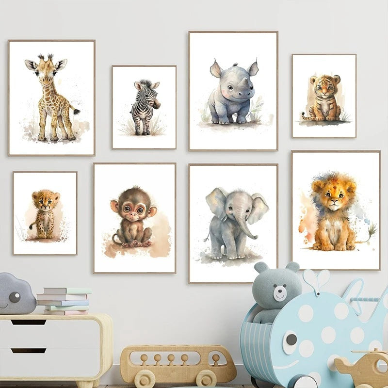 8 Pcs Nursery Animal Watercolor Prints – Cute Kids Wall Art