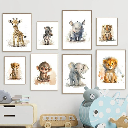 8 Pcs Nursery Animal Watercolor Prints – Cute Kids Wall Art