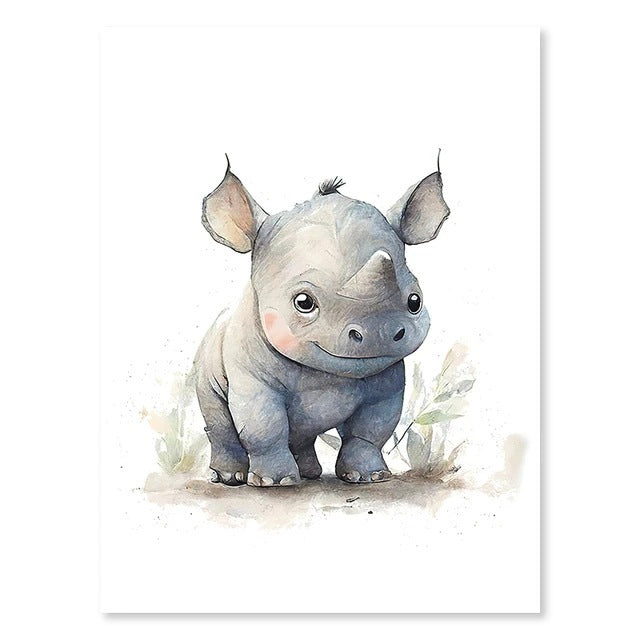 Rhino, Nursery Animal Watercolor Prints – Cute Kids Wall Art
