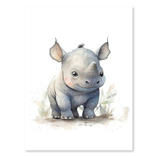 Rhino, Nursery Animal Watercolor Prints – Cute Kids Wall Art