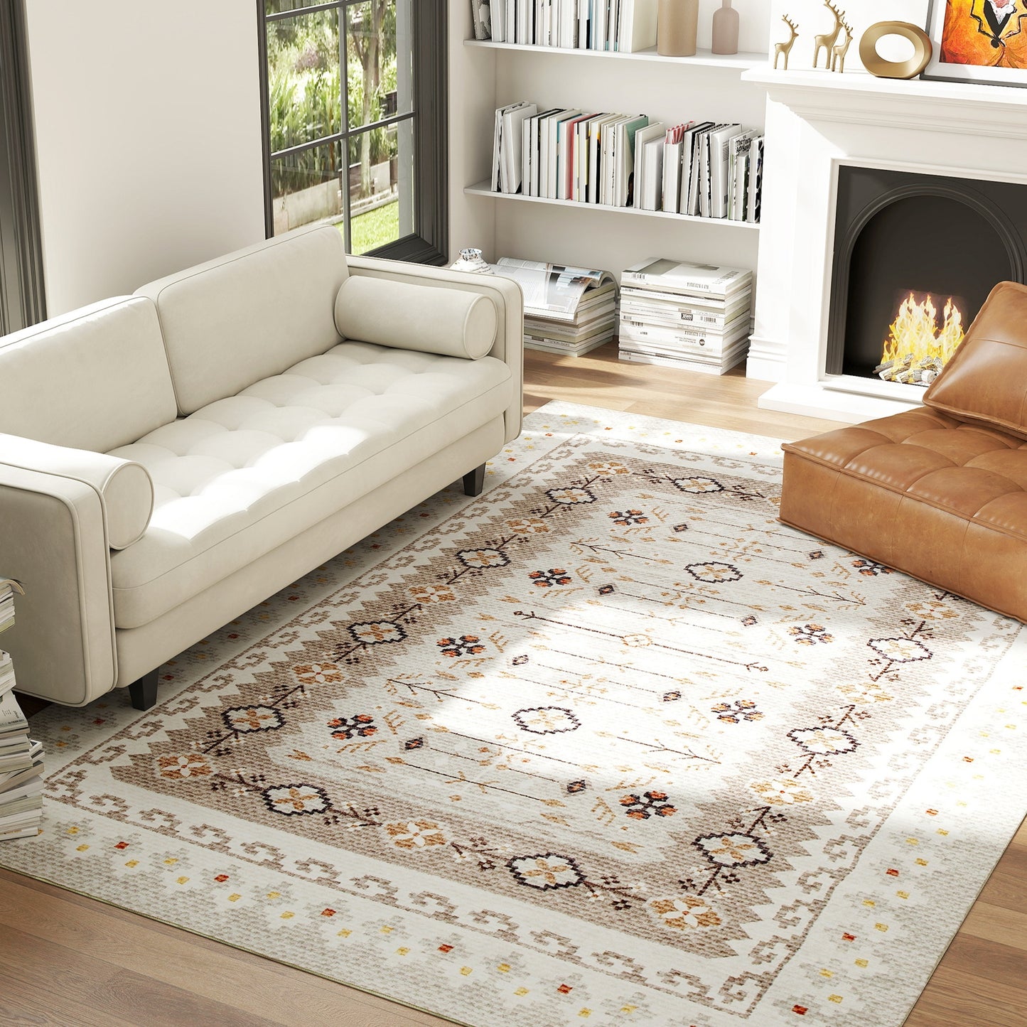 Calliope Boho Brown | Machine Washable Area Rug 8x10, Non-Slip Boho Flannel Print Floor Carpet For Living Room