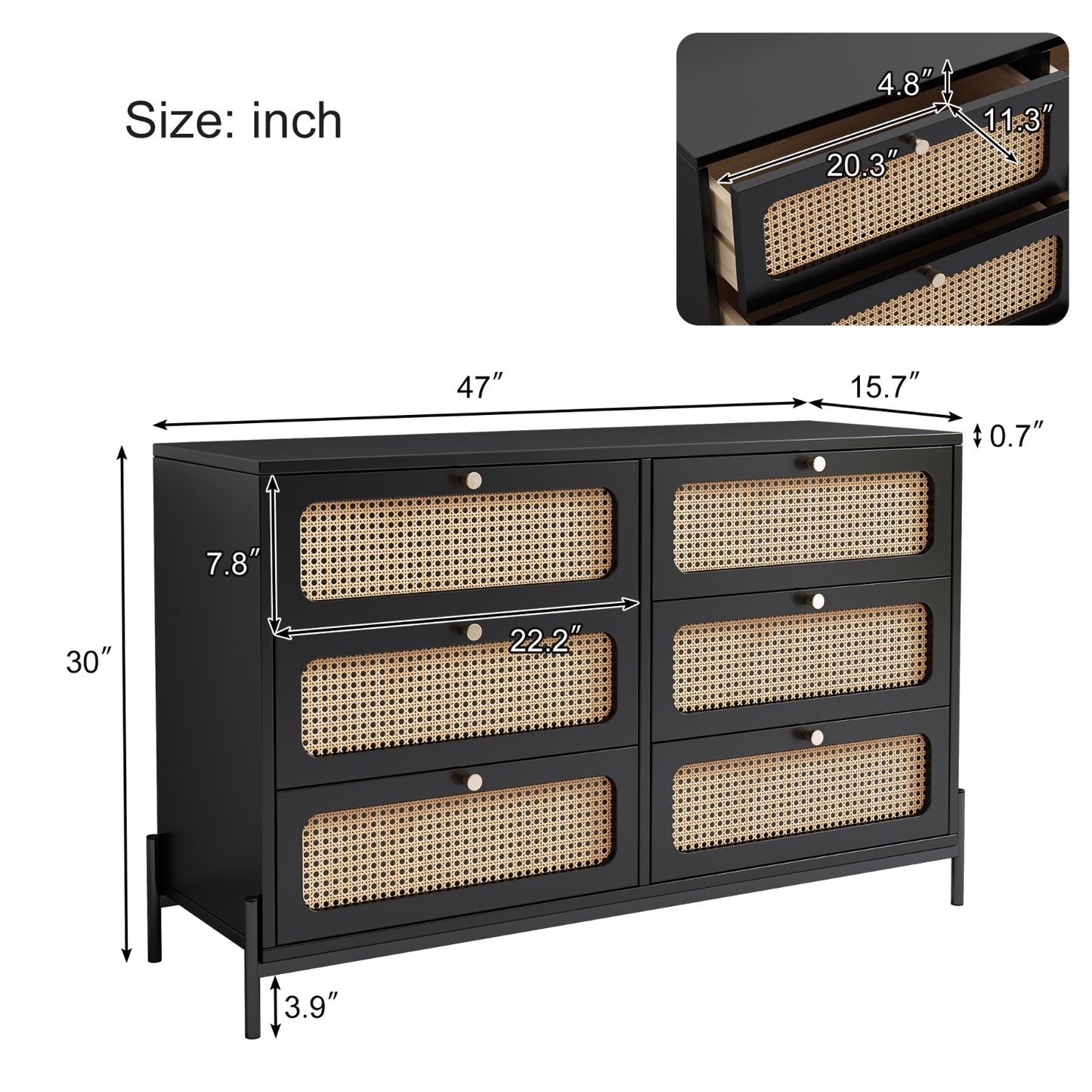 Modern Cannage Rattan Wood Closet 6-Drawer Dresser Wood Storage Cabinet Sideboard For Bedroom, Livin
