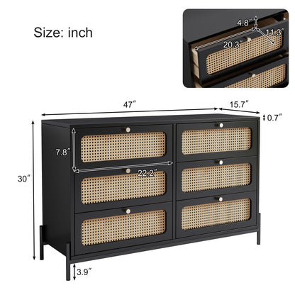 Modern Cannage Rattan Wood Closet 6-Drawer Dresser Wood Storage Cabinet Sideboard For Bedroom, Livin