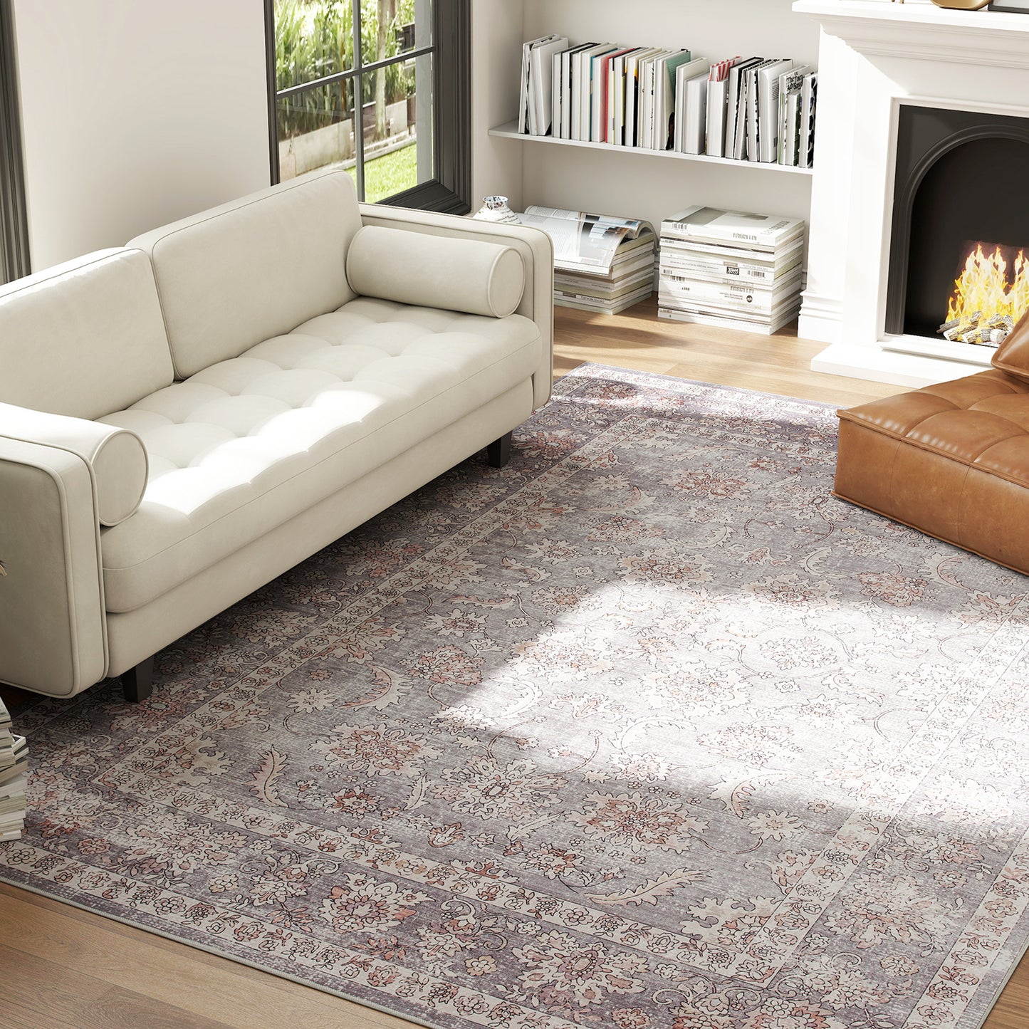 Eleanor Brown Machine Washable Area Rug 8x10, Non-Slip Traditional Flower Print Floor Carpet For Living Room, Bedroom, Grey And Brown