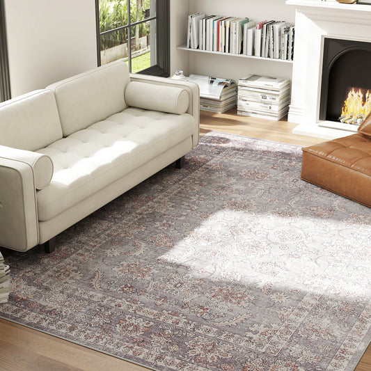 Eleanor Brown Machine Washable Area Rug 8x10, Non-Slip Traditional Flower Print Floor Carpet For Living Room, Bedroom, Grey And Brown