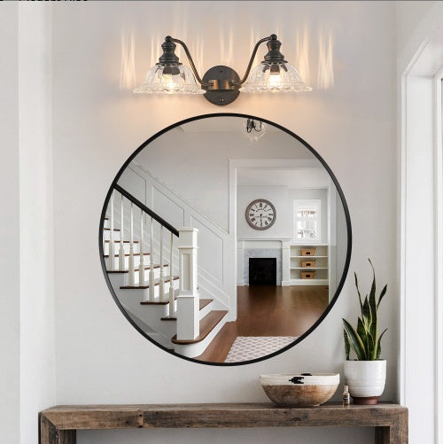 20 Inch 2-Light Vintage Bathroom Wall Sconce - Elegant Black Metal And Glass Lampshade Vanity Light Fixture For Bathroom, Hallway, Or Bedroom Bulb Not Included