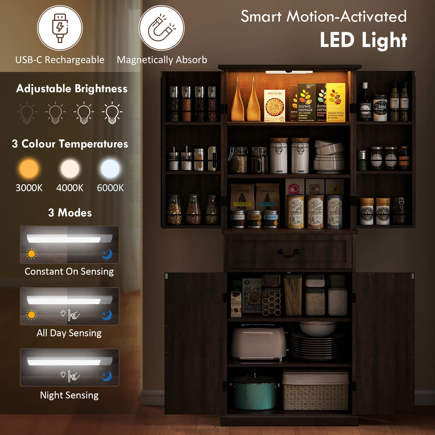 71 LED Kitchen Pantry Cabinet, Farmhouse Storage Cabinet With Door Shelves, Distressed Brown
