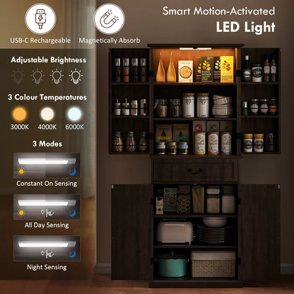 71 LED Kitchen Pantry Cabinet, Farmhouse Storage Cabinet With Door Shelves, Distressed Brown
