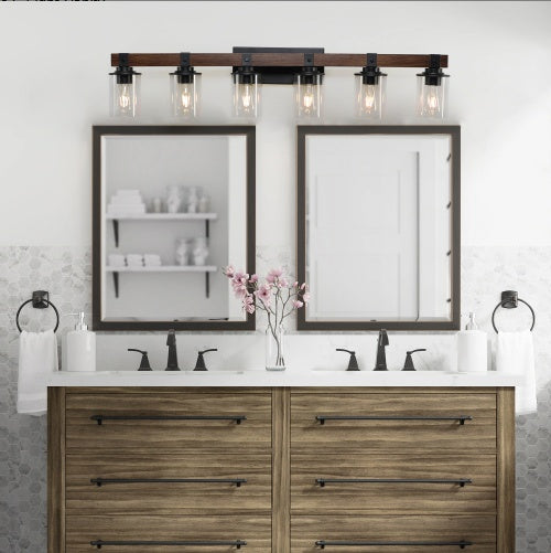 42 Rustic 6-Light Vanity Light, Industrial Bathroom Wall Sconce With Glass Shades And Wood Accent, Modern Farmhouse Lighting Fixture No Bulbs