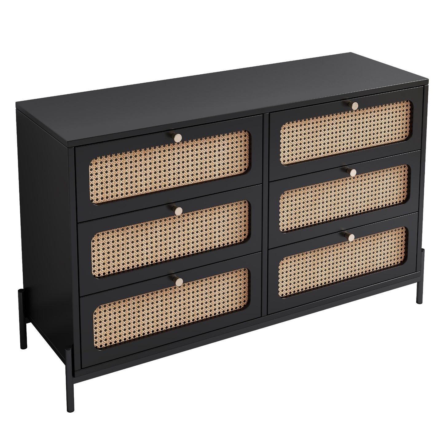 Modern Cannage Rattan Wood Closet 6-Drawer Dresser Wood Storage Cabinet Sideboard For Bedroom, Livin