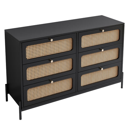 Modern Cannage Rattan Wood Closet 6-Drawer Dresser Wood Storage Cabinet Sideboard For Bedroom, Livin