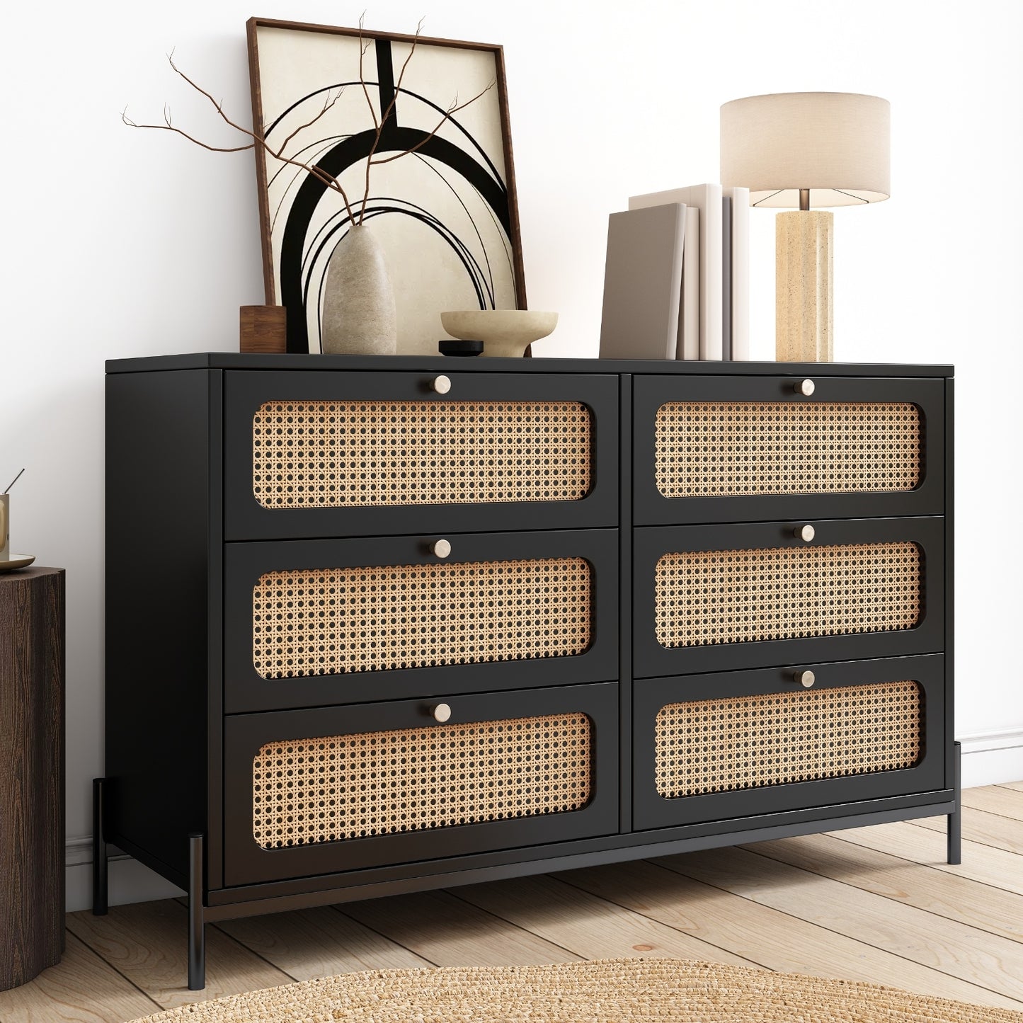 Modern Cannage Rattan Wood Closet 6-Drawer Dresser Wood Storage Cabinet Sideboard For Bedroom, Livin