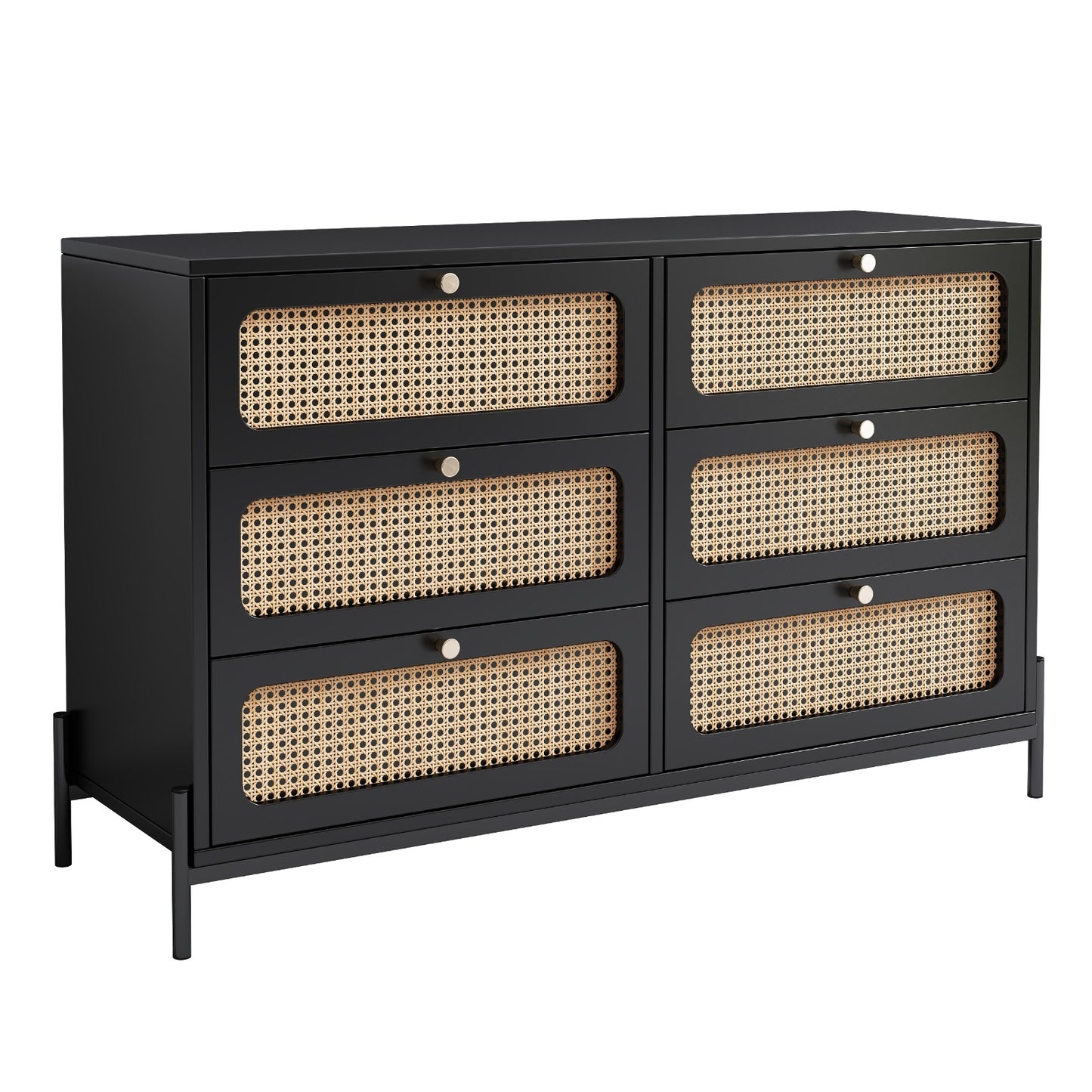 Modern Cannage Rattan Wood Closet 6-Drawer Dresser Wood Storage Cabinet Sideboard For Bedroom, Livin