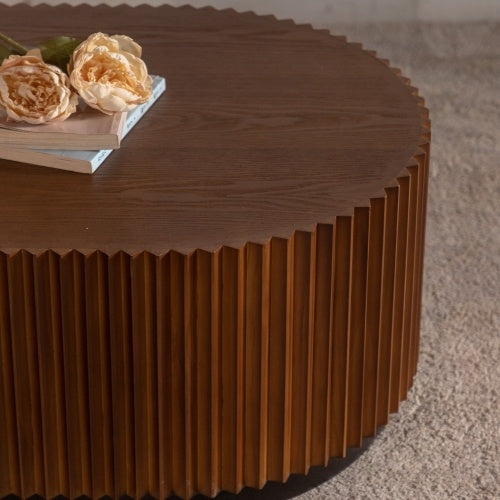Handcraft Round Nesting Coffee Table Set Of 2, - Chic Wave Stripe Edge, Modern Stylish Wooden Circle Fluted Center Table For Living Room