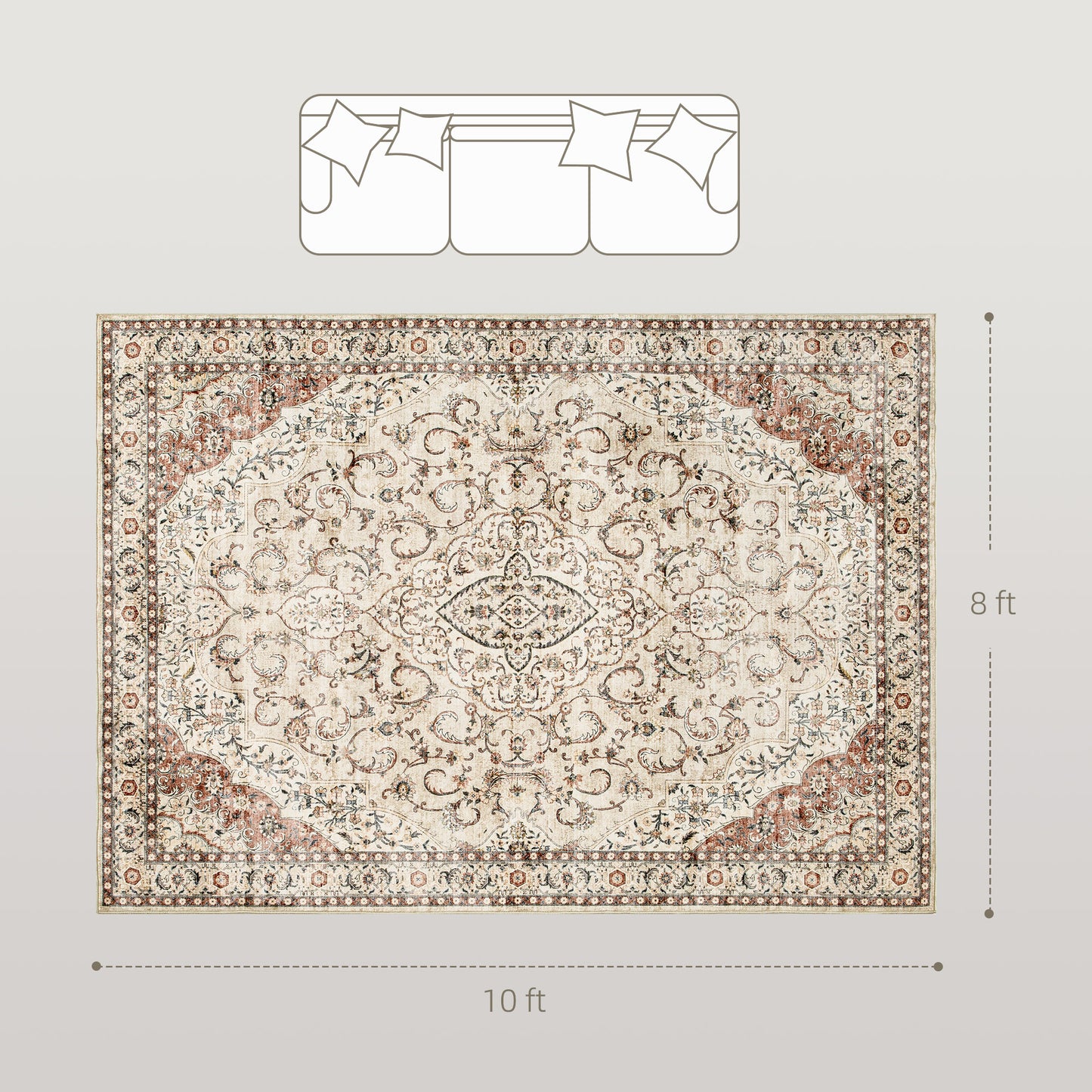 Winslow Area Rug 8x10, Machine Washable Rug, Non-Slip Classical Floral Print Floor Carpet For Living Room, Bedroom, Mixed-Brown
