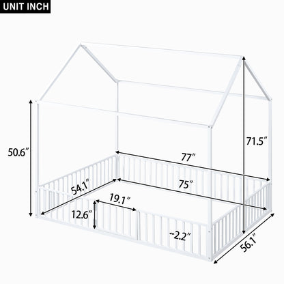 Full Size Metal House Bed With Fence And Door, White