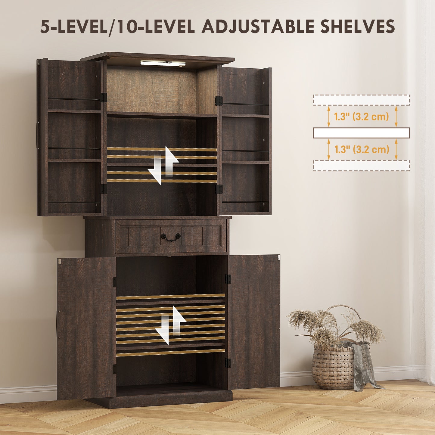 71 LED Kitchen Pantry Cabinet, Farmhouse Storage Cabinet With Door Shelves, Distressed Brown