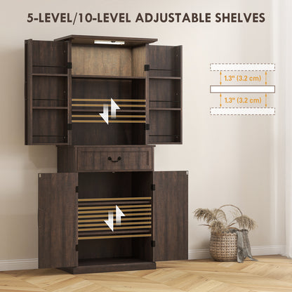 71 LED Kitchen Pantry Cabinet, Farmhouse Storage Cabinet With Door Shelves, Distressed Brown