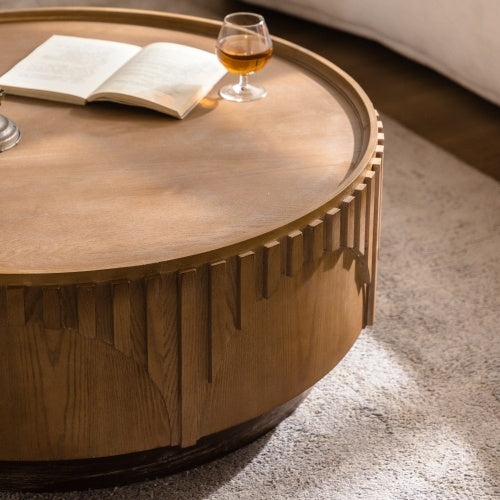 Coffee Table Round Wood Modern Solid Wood Veneer Handcrafted Relief Tea Table With Sturdy Pedestal For Apartment,Living Room