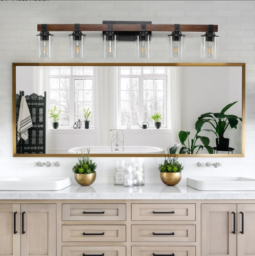 42 Rustic 6-Light Vanity Light, Industrial Bathroom Wall Sconce With Glass Shades And Wood Accent, Modern Farmhouse Lighting Fixture No Bulbs
