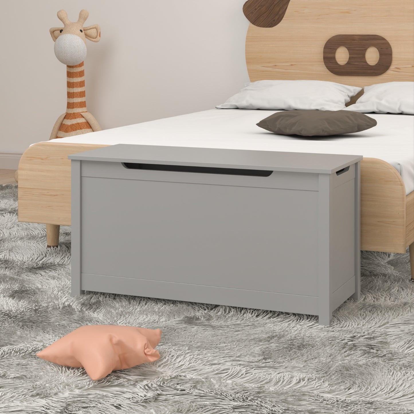 Kids Wooden Toy Box Storage With Safety Hinged Lid For Ages 3Gray