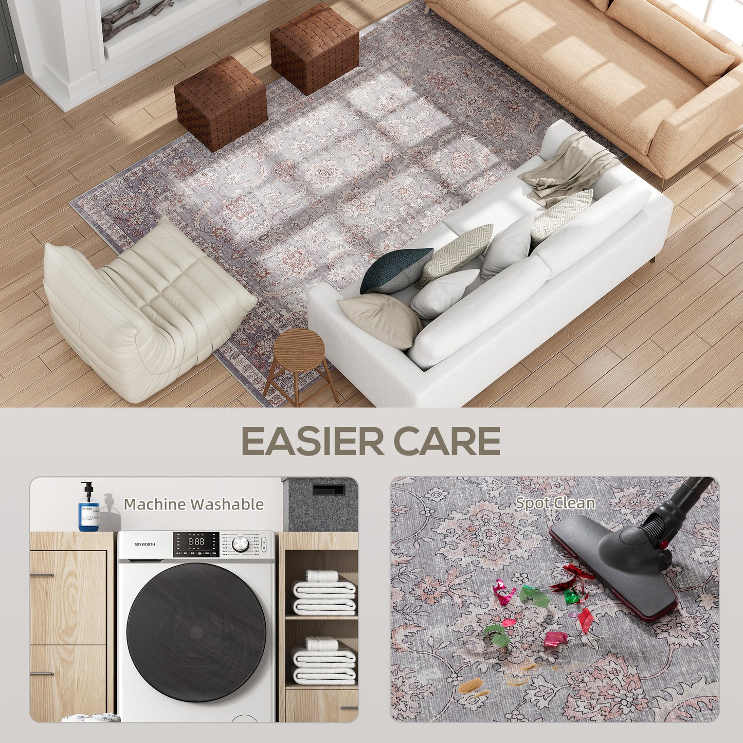 Eleanor Brown Machine Washable Area Rug 8x10, Non-Slip Traditional Flower Print Floor Carpet For Living Room, Bedroom, Grey And Brown